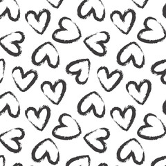 Heart seamless pattern. Black and white ink brush hearts hand drawn ornament. Romantic figures vector illustration. Monochrome freehand dry paint brush stroke shapes.