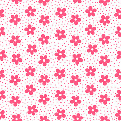 Seamless pattern with pink flowers and dots