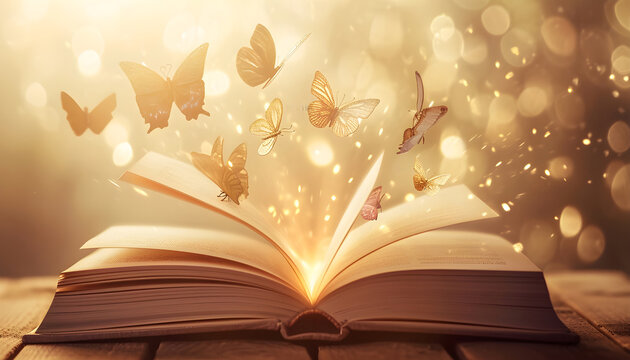 Open book with magic light and glowing butterflies flying out of it on wooden table against light beige bokeh background