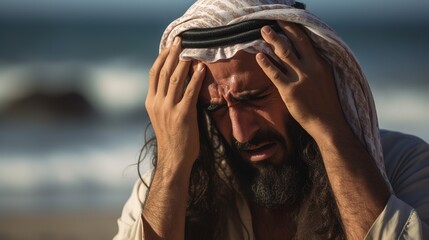 A middle aged Arab man with a beard in a keffiyeh stands on the seashore and suffers, holding his head in his hands - Powered by Adobe