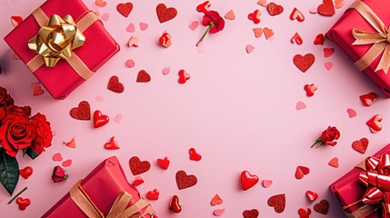 Valentine's day flat lay with red gift boxes - AI Generated