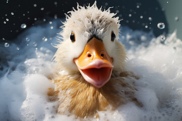 Ente hat Spaß beim plantschen und baden in der Badewanne mit ganz viel Schaum - obrazy, fototapety, plakaty