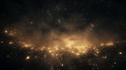 Obraz premium Particules scintillantes et brillantes volant sur fond sombre, noir. Lumière orangée, étoile, paillette dorée et flou. Cosmos, univers, espace. Fond pour bannière, conception et création graphique. 