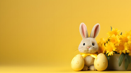 Easter bunny with two yellow Easter eggs next to a pot with yellow flowers on a yellow background. Easter holiday concept. Copy space for text. - obrazy, fototapety, plakaty