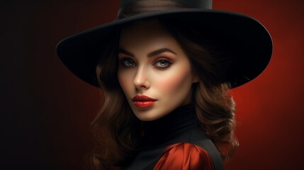 Portrait of beautiful young woman in black hat and red dress. Generative AI