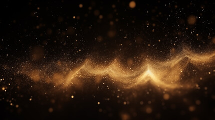 Fototapeta premium Particules scintillantes et brillantes volant sur fond sombre, noir. Lumière orangée, étoile, paillette dorée et flou. Cosmos, univers, espace. Fond pour bannière, conception et création graphique. 