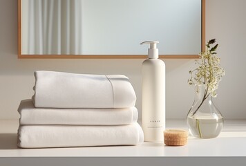 An arrangement of herbal bags and beauty treatment items displayed on a white wooden table in a spa setting.