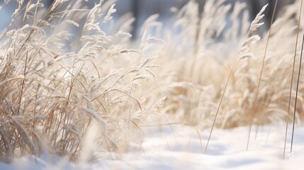 Beautiful winter background with dry grass and snow. Shallow depth of field. Generative AI