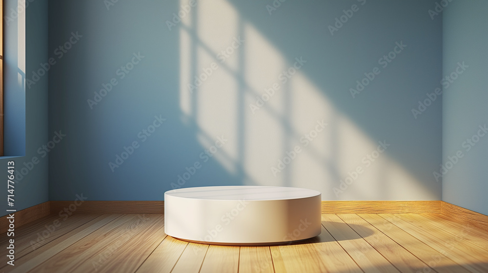 Poster 3d empty product display podium for presentations. minimalist white display platform sits in a corne