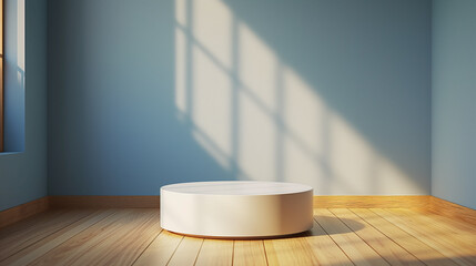 3d empty product display podium for presentations. Minimalist white display platform sits in a corner of a sunlit room, with the natural light casting geometric shadows on a warm wooden floor. 