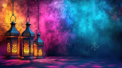 arabic lanterns ornament for eid greeting card - AI Generated Abstract Art - obrazy, fototapety, plakaty