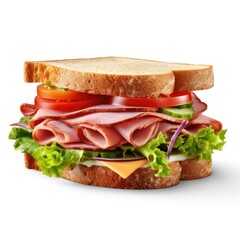 Open sandwich with ham cutout minimal isolated on white background. Template realistic sandwich, icon, detailed. Grocery product advertising. Homemade sandwich close up.