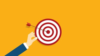 Hand holding a target, showing a goal. Red arrow hits the center. Business challenge failure and success concept. 