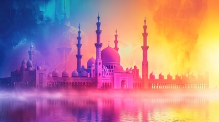 Fototapeta na wymiar Vibrant neon colors depict arabic mosque for eid greeting card - AI Generated Abstract Art