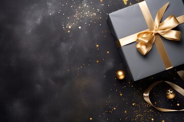 a black gift with a gold ribbon on a black background