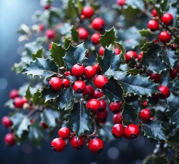 Obraz premium Holly berries on a branch with green leaves on a dark background
