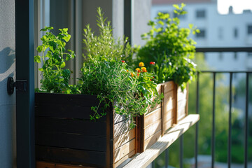 Bright Balcony Garden Boxes with Herbs and Flowers