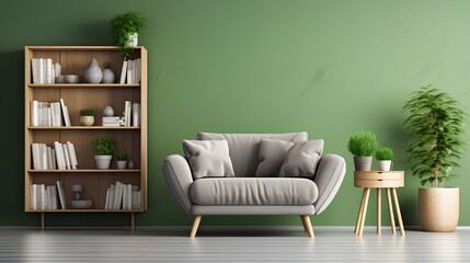 Green Sofa and Chair Against Bookshelf with Indoor Plant