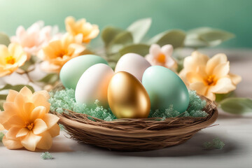 Happy Easter, holiday greeting card mockup, flowers and colored eggs.