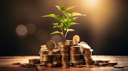 Plant in a glass jar with golden coin - financial investment concept