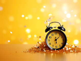 Time to celebrate. yellow retro alarm clock, White alarm clock on a yellow background isolated