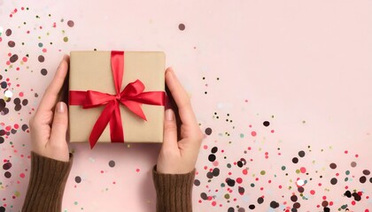 woman s hands holding kraft gift box with red bow on pink background decorated with confetti top view holiday present concept with copy space banner