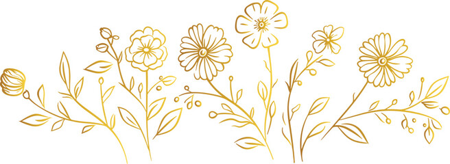 Luxury Floral Background Line Art Vector Illustration Set, Spring Flowers Outline, Botanical Line Drawing, Golden Blossom Pattern frame design for wedding, invitation