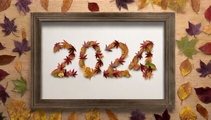happy new year 2024 made from autumn leaves and wood frame creative 3d illustration 