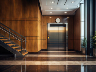 Elevator in the lobby hall of an apartment building. Modern decor and wood finishing of the ground