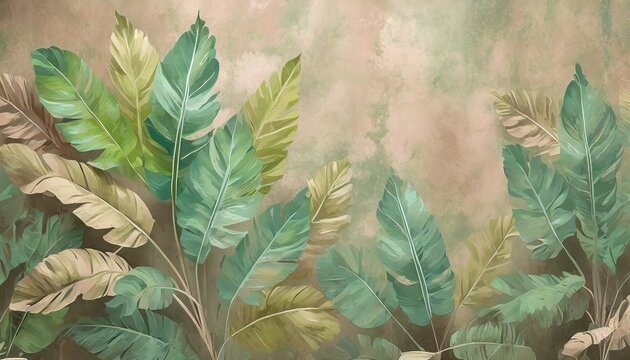 large art painted leaves on a textured wall in pastel colors photo wallpaper for the interior © Wayne