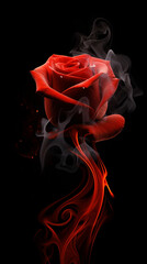 Fototapeta premium Red rose with smoke isolated on black background, close-up.