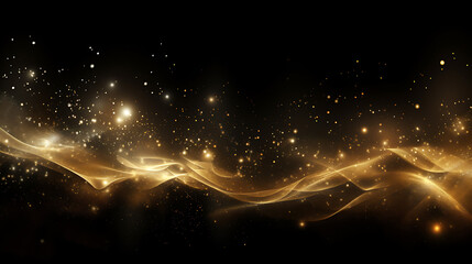 Waves of shimmering gold particles with wave-like shapes. Isolated on a black background. Created with Generative AI.