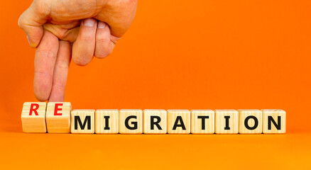 Migration or remigration symbol. Concept word Migration Remigration on beautiful wooden cubes....