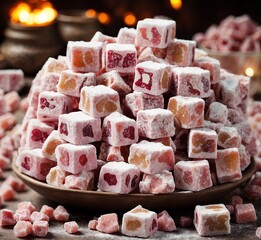 Turkish delight on a dark background. Selective focus. style vintage.