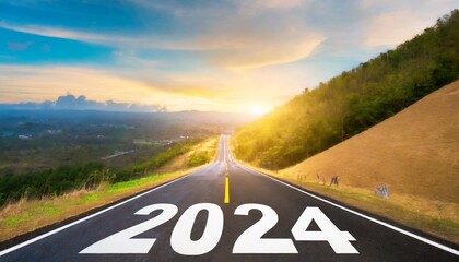 2024 new year road trip travel and future vision concept nature landscape with highway road leading forward to happy new year celebration in the beginning of 2024 for bliss and successful start