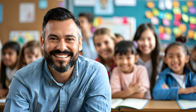 Portrait Of Smiling Male Teacher In A Class At Elementary School Looking At Camera With Learning Students On Background