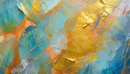 abstract background closeup kintsugi gold cracks on a painting with brushstrokes rough art paint smear large multicolor spots of brush strokes and palette knife on the canvas with foil lines