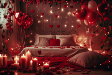 Bedroom and King size bed, Valentine Ambiance with Roses and Heart Balloons. Generated with AI