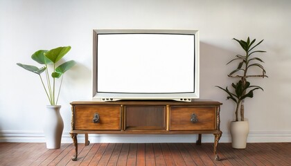 vintage white screen tv on wooden antique cabinet old design in home sony trinitron kv 21m3 - obrazy, fototapety, plakaty