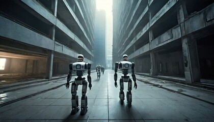 robots walking in the desolated city doom sadness empty buildings catastrophe doom