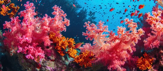 Naklejka na ściany i meble Colorful marine life, including red and pink soft corals, captured in underwater photography of coral reefs during scuba diving.