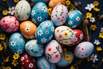 Fototapeta na wymiar easter eggs in a basket, eastereggs in a nest