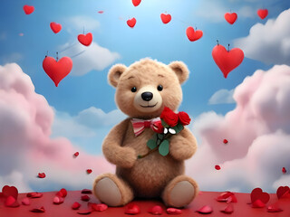 A teddy bear holding a rose smiles happily on Valentine's Day and has a blue background