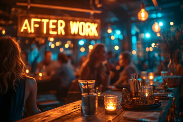word "AFTER WORK" placed on a bar with people chatting while having a drink 