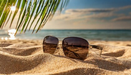 sunglasses on the beach, Sunglasses lie on the sand on the beach in the shade of a palm branch