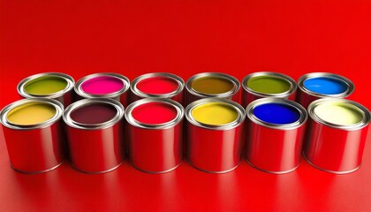 cans of colorful paint on red background