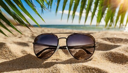 Fototapeta na wymiar sunglasses on the beach, Sunglasses lie on the sand on the beach in the shade of a palm branch
