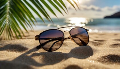 Fototapeta na wymiar sunglasses on the beach, sun glasses on the beach, Sunglasses lie on the sand on the beach in the shade of a palm branch