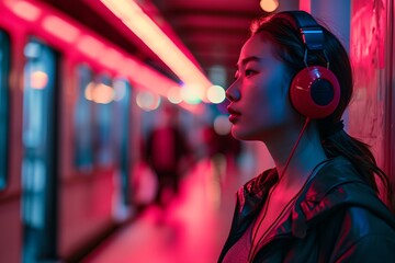 a woman wearing headphones on a subway train - obrazy, fototapety, plakaty