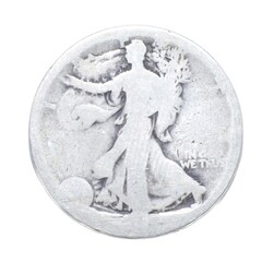 old vintage worn Walking Liberty half dollar is a silver 50 cent piece or half dollar coin that was issued by the United States S Mint from 1916 to 1947 obverse front view isolated on white background - obrazy, fototapety, plakaty